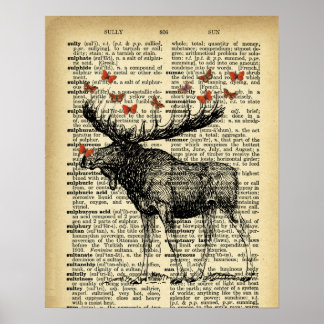 Quirky Moose Apples Antique Dictionary Page Art ポスター