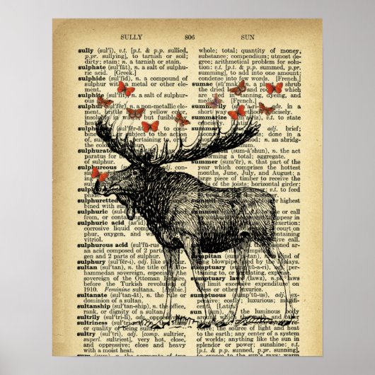 Quirky Moose Apples Antique Dictionary Page Art ポスター (正面)