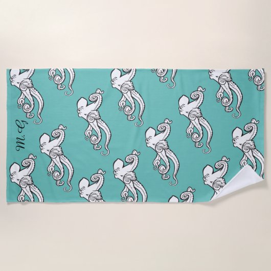 Quirky Octopus Sketches Pattern Teal Monogrammed ビーチタオル (正面)
