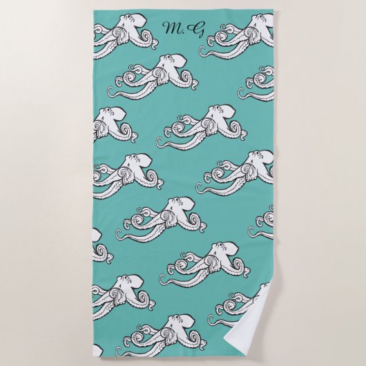 Quirky Octopus Sketches Pattern Teal Monogrammed ビーチタオル (正面)