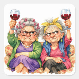 Quirky Old Ladies with Red Wine スクエアシール