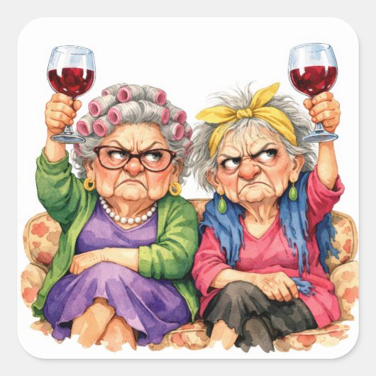 Quirky Old Ladies with Red Wine スクエアシール (正面)