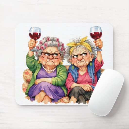Quirky Old Ladies with Red Wine マウスパッド (マウス)