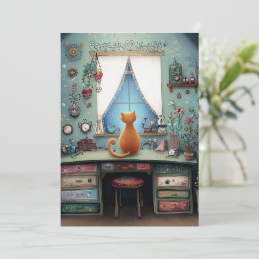 Quirky Orange Cat at a Window Hello Flat カード (スタンド正面)