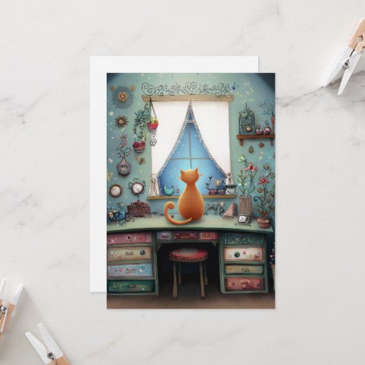 Quirky Orange Cat at a Window Hello Flat カード (正面/裏面インサイチュ)