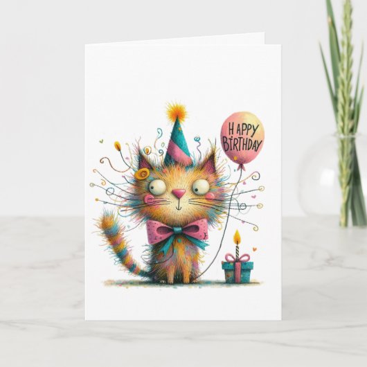 Quirky Orange Cat with Party Hat and Cake Birthday カード (正面)
