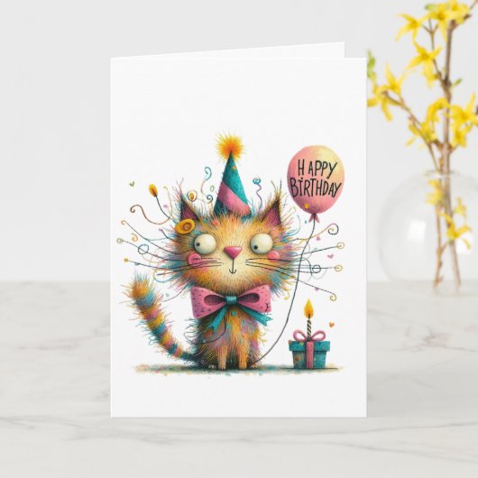 Quirky Orange Cat with Party Hat and Cake Birthday カード (黄色い花)