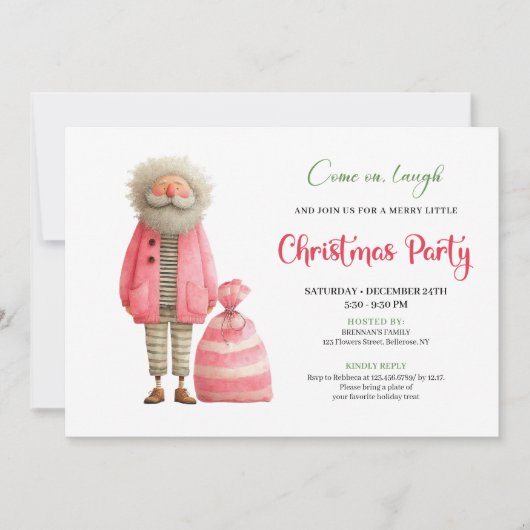 Quirky pink santa minimalist Christmas party 招待状 (正面)