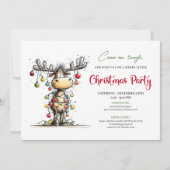 Quirky red green reindeer Christmas party invite 招待状 (正面)
