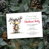Quirky red green reindeer Christmas party invite 招待状