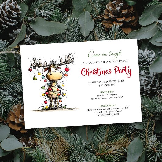 Quirky red green reindeer Christmas party invite 招待状