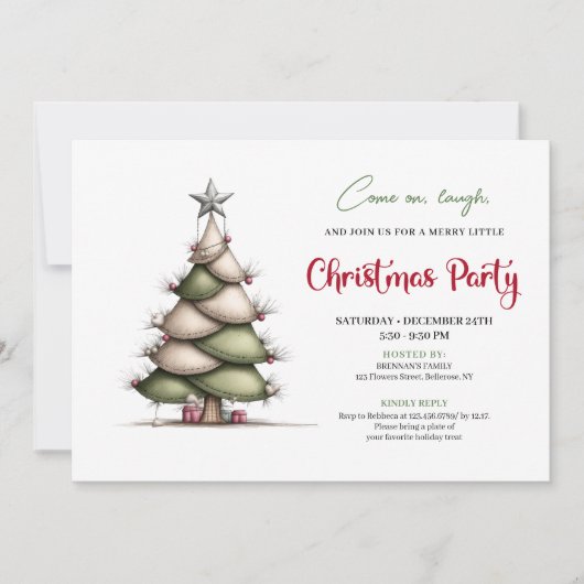 Quirky red green tree minimalist Christmas card 招待状 (正面)