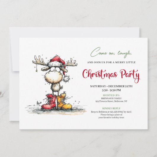 Quirky Reindeer Festive Red Green Party Invite 招待状 (正面)