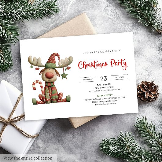 Quirky Reindeer Festive Watercolor Party Invites 招待状