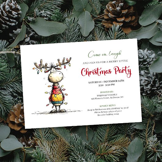 Quirky Reindeer Holiday Party Invitation Card 招待状