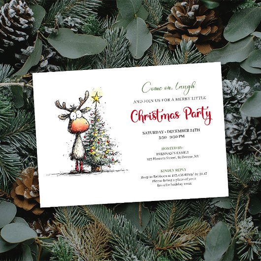 Quirky Reindeer Minimalist Holiday Party Invite 招待状