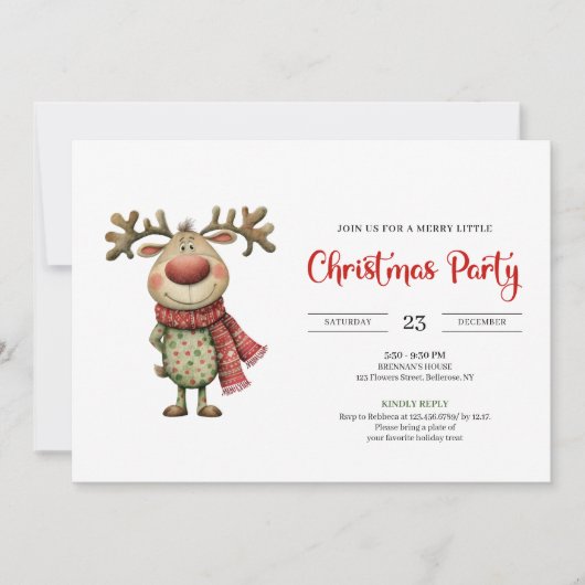 Quirky Reindeer Modern Red Green Celebration  招待状 (正面)