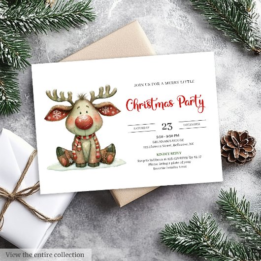 Quirky Reindeer modern watercolor Christmas invite 招待状