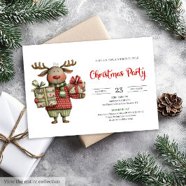Quirky Reindeer watercolor festive holiday invite 招待状
