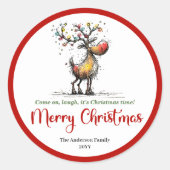 Quirky reindeer whimsical Christmas sticker art ラウンドシール (正面)