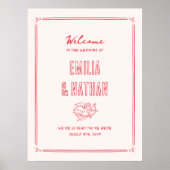 Quirky Retro Hand Drawn Cupid Wedding Welcome Sign ポスター (正面)