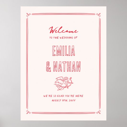 Quirky Retro Hand Drawn Cupid Wedding Welcome Sign ポスター (正面)