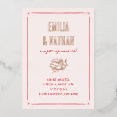 Quirky Retro Love Struck Hand Drawn Cupid Wedding 箔招待状 (正面)