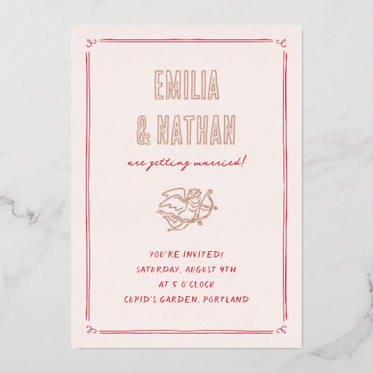 Quirky Retro Love Struck Hand Drawn Cupid Wedding 箔招待状 (正面)