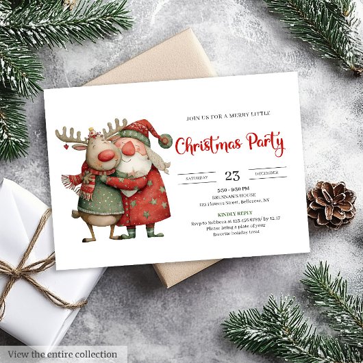 Quirky Santa Claus modern festive holiday invite 招待状