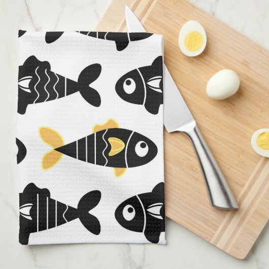 Quirky Seamless Black Fish Pattern Kitchen Towels キッチンタオル (四つ折り)