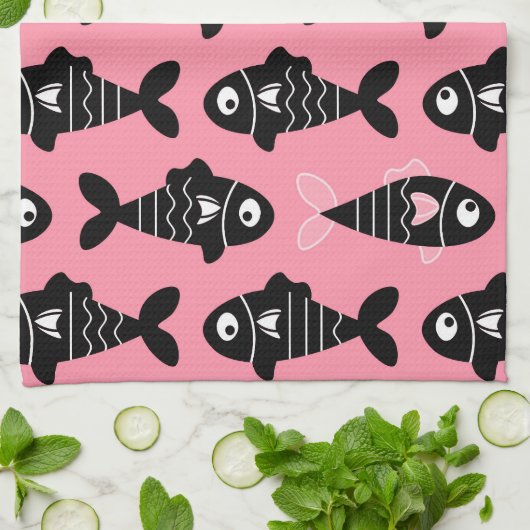 Quirky Seamless Black Fish Pattern Kitchen Towels キッチンタオル (折り畳み)