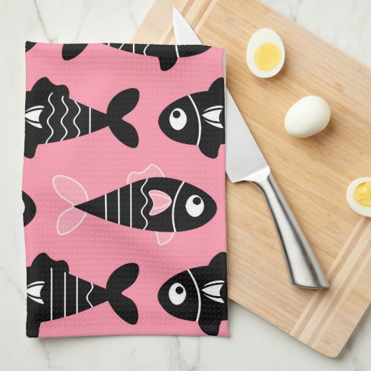 Quirky Seamless Black Fish Pattern Kitchen Towels キッチンタオル (四つ折り)