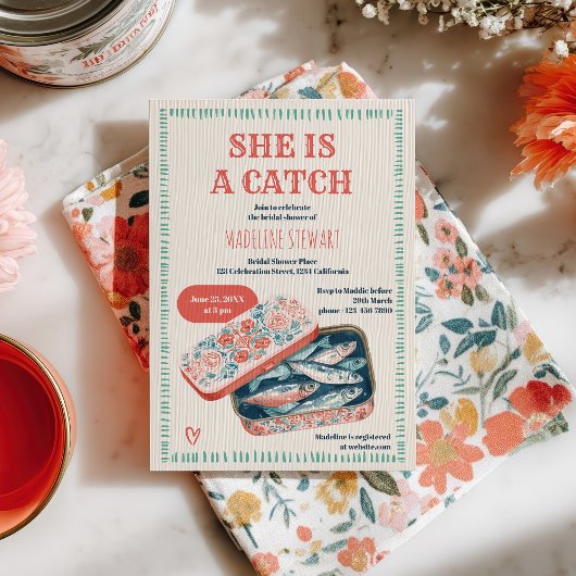 Quirky She Is A Catch Sardine Social Bridal Shower 招待状