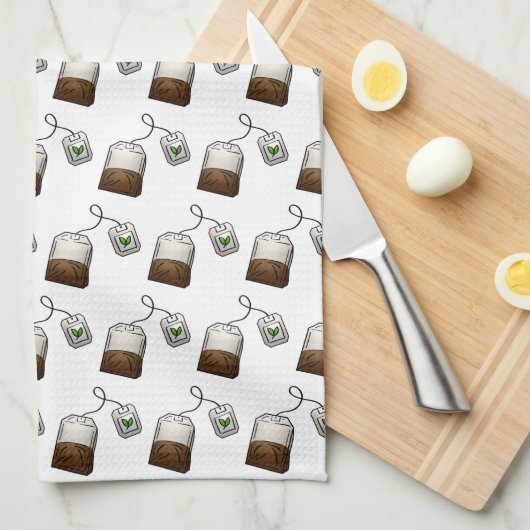 Quirky Tea Bag Pattern on White キッチンタオル (四つ折り)