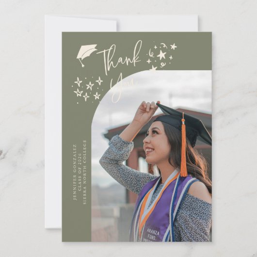 Quirky Thank You Stars Sage Green Graduate Photo 案内状 (正面)