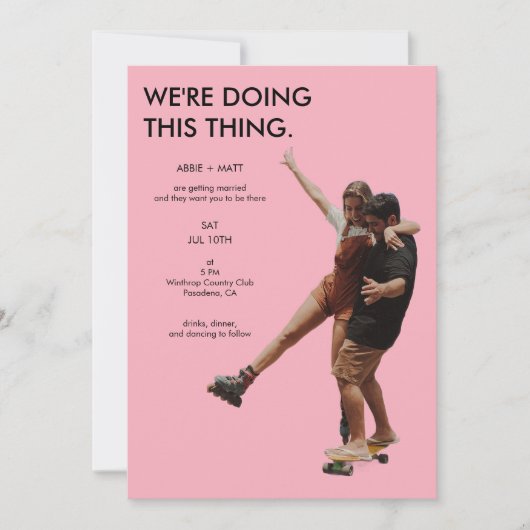 Quirky Unique Modern Minimalist Pink Photo Wedding 招待状 (正面)