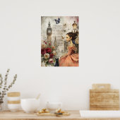 Quirky Victorian Gothic Girl & Florals London ポスター (キッチン)