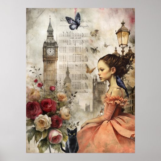 Quirky Victorian Gothic Girl & Florals London ポスター (正面)