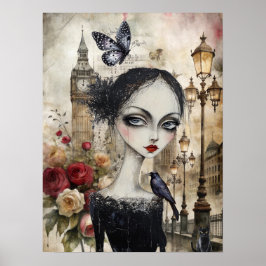 Quirky Victorian Gothic Girl & Florals London ポスター