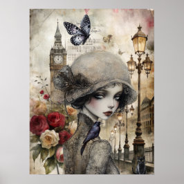 Quirky Victorian Gothic Girl & Florals London ポスター