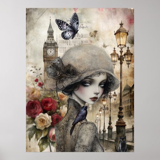 Quirky Victorian Gothic Girl & Florals London ポスター (正面)