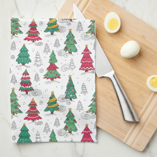 Quirky Whimsical Decorated Christmas Trees Doodles キッチンタオル (四つ折り)