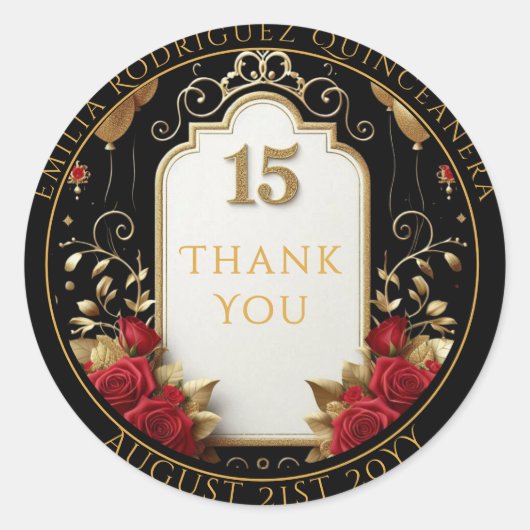 Quniceaneraお願いギフト赤いバラフローラありがとう ラウンドシール (正面)