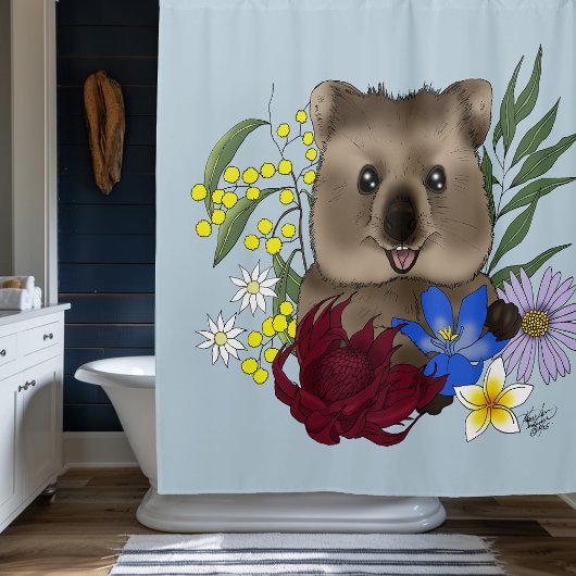 Quokka Happy Australia Floral Blue シャワーカーテン