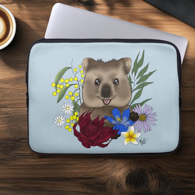 Quokka Happy Australia Floral Blue ラップトップスリーブ (クリエイターアップロード済み)