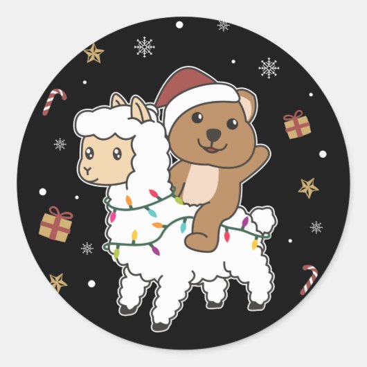 Quokka Llamaクリスマススノーアニマルズクラシック ラウンドシール (正面)