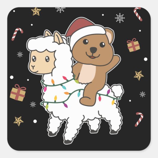 Quokka Llamaクリスマス雪の冬の動物広場 スクエアシール (正面)