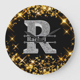 Rイニシャルパーソナライズされたシルバーモノグラムあなたの名前 ラージ壁時計