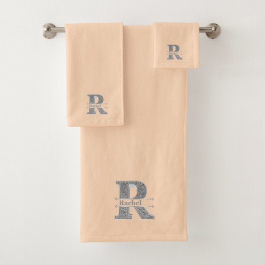 Rイニシャルパーソナライズされたシルバーモノグラムあなたの名前B バスタオルセット (インサイチュ)