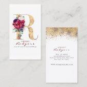 Rモノグラムブルゴーニュ赤い花と金ゴールドグリッター 名刺 (正面/裏面)